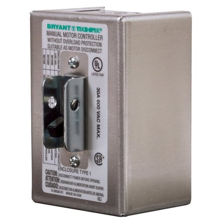 BRYANT Industrial Toggle Switch, Motor Disconnect Double Pole 30A 600V AC Black W/ NEMA 1 Enclosure 30102D